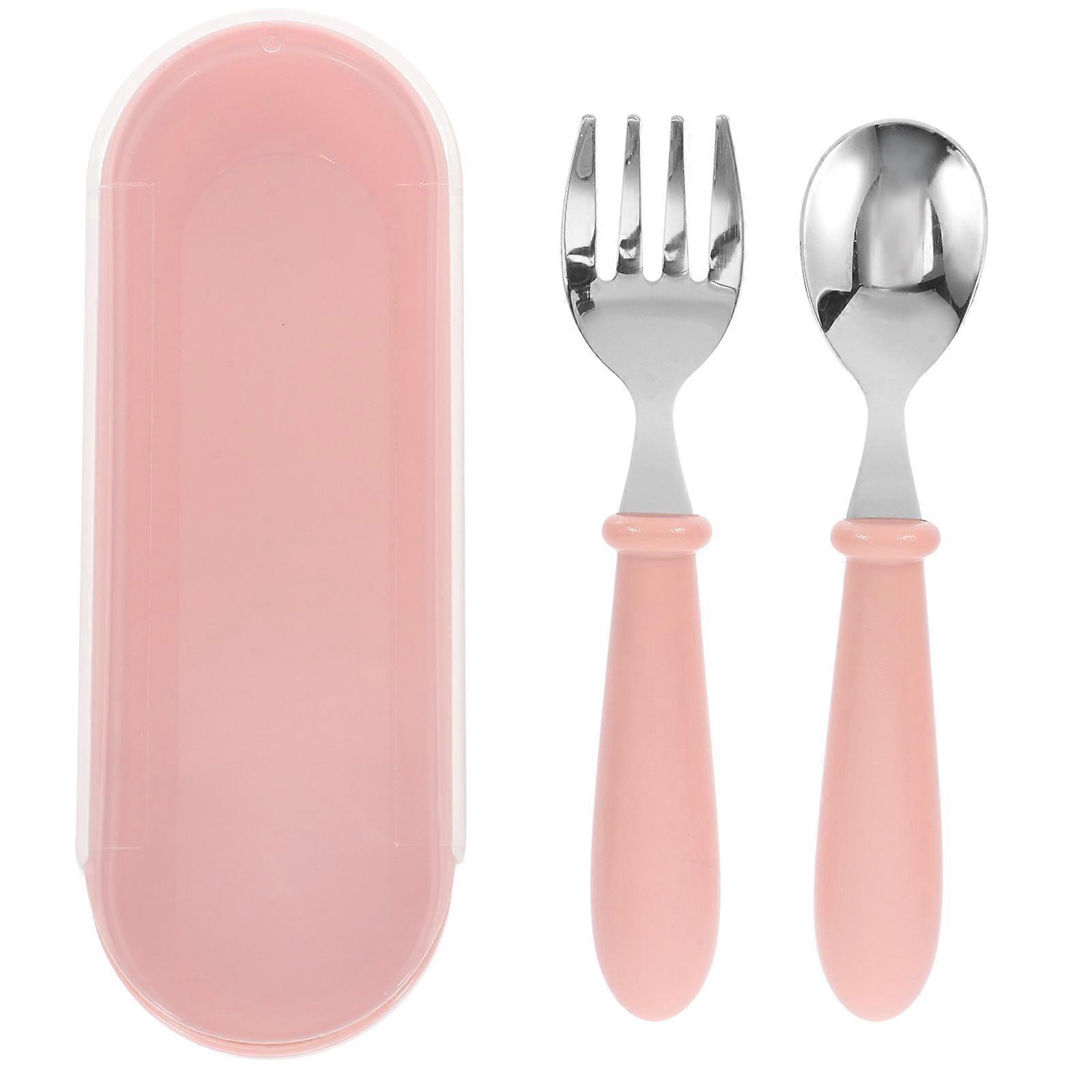 Stainless Steel Fork Spoon Set with Handles, Bright Colored Cutlery for Kids, Includes Storage Box