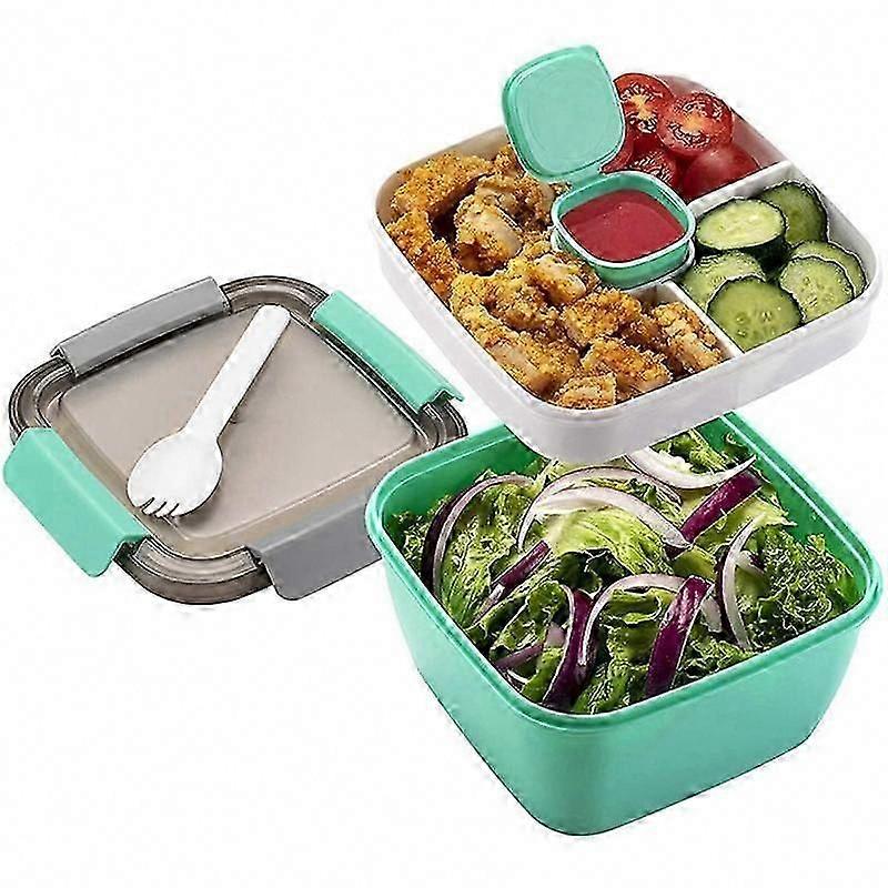 1500ml 3-Compartment Salad Bowl with Lid, Portable Lunch Container for Salad Toppings On The Go