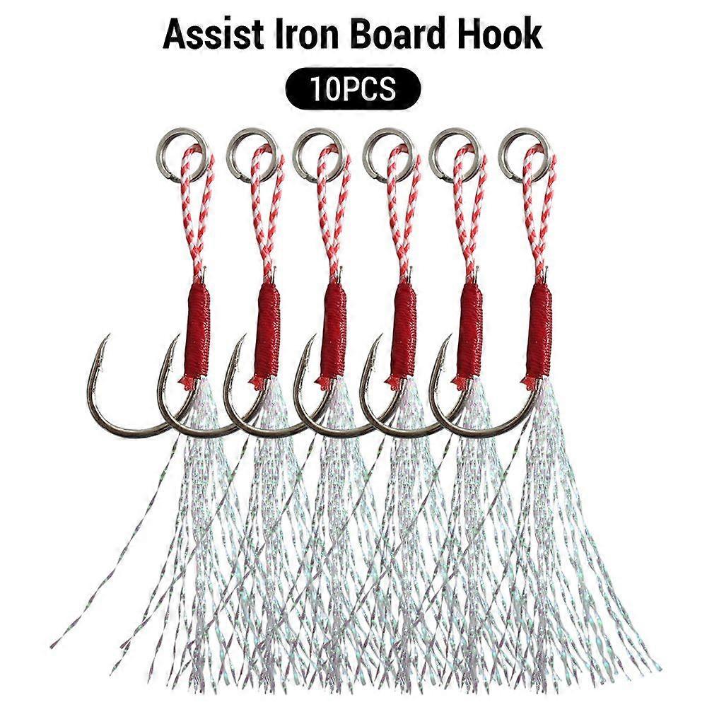 Slow Jigging Fishing Cast Jigs Assist Hook Barbed Single Jig Hooks Thread Feather High Carbon Steel 10pcs/Lot