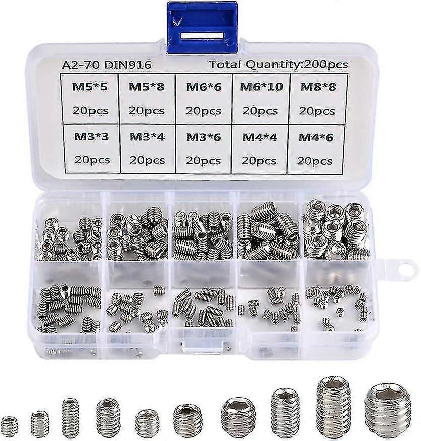 200pcs Allen Screws Stainless Steel Hexagonal Grub Screws Set Metric M3 M4 M5 M6 M8