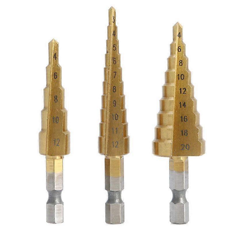 3 Pcs High-Speed Steel Step Drill Bit Set Power Tools Cone Titanium Coated Metal Hole Cutter 1/4 in