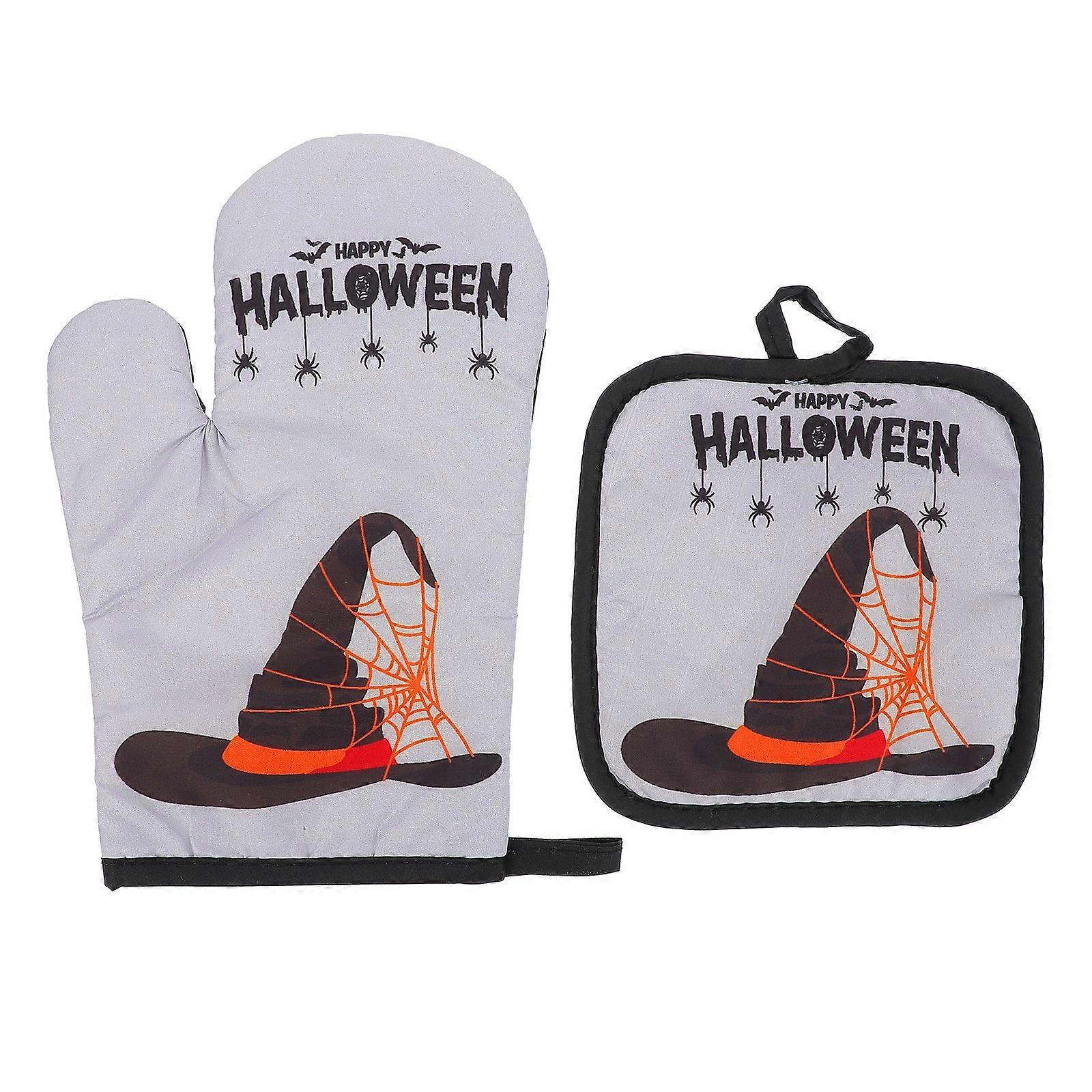 2pcs Halloween Pattern Oven Glove Mat Set Kitchen Baking Gloves Insulation Pad