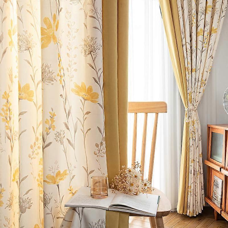 Yellow Living Room Curtains With Eyelets And Leaf And Flower Pattern, Polyester 132 By 244 Cm, 2 Panels