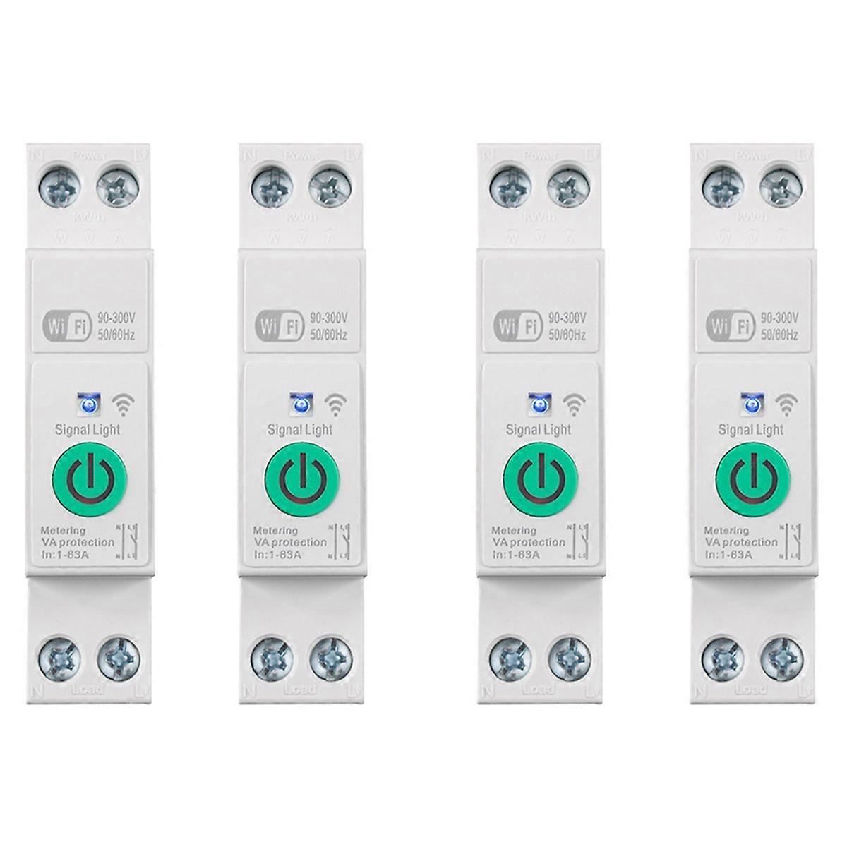 4X Tuya WiFi Smart Circuit Breaker 1P+N 63A Din Rail Switch with Electricity Statistics Remote Voice