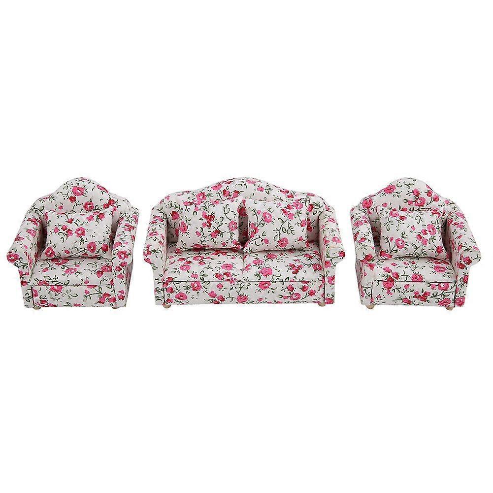 1/12 Scale Dollhouse Accessories Flower Pattern Mini Furniture Sofa Set With Back Cushions (#2)