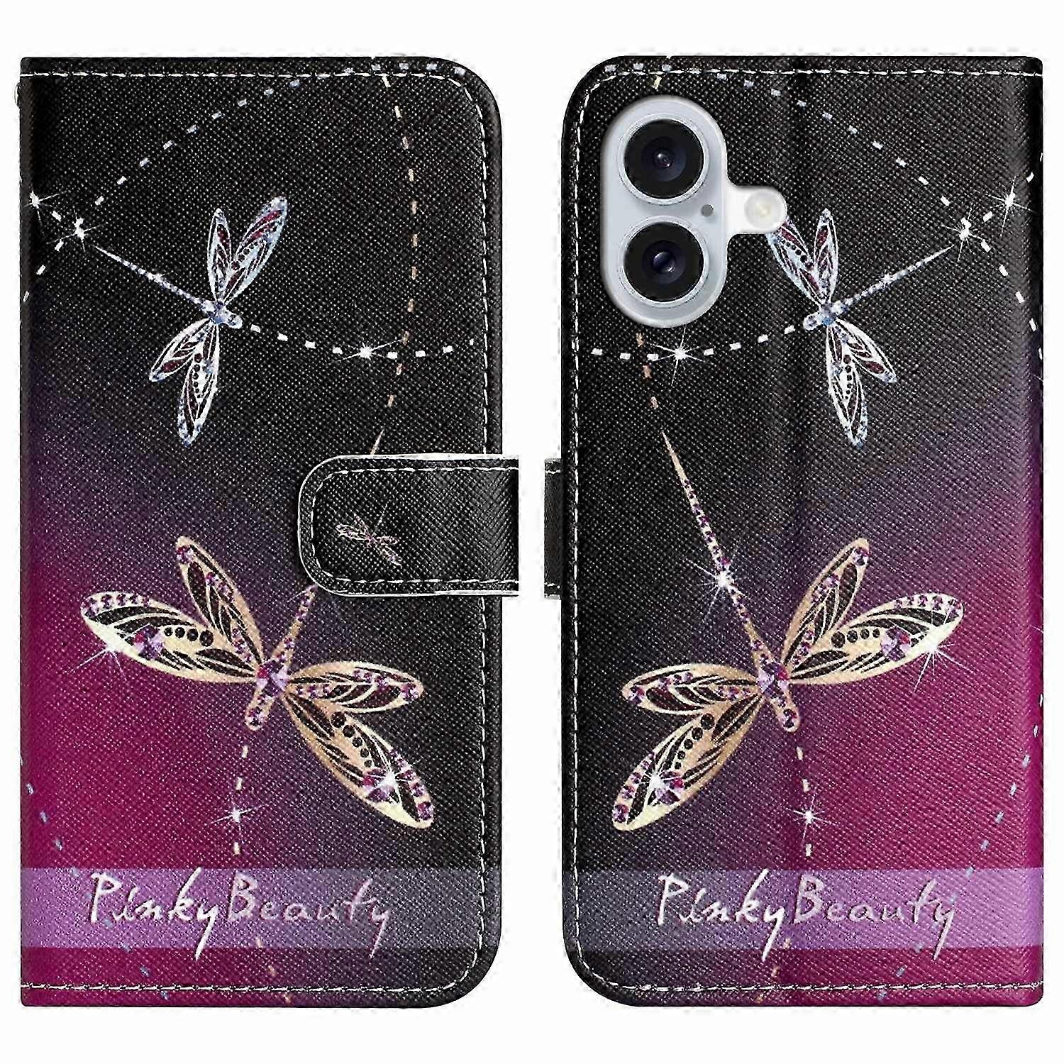 For iPhone 17 Case Pattern Print PU Leather Wallet Phone Cover Cross Texture - Dragonfly 26s