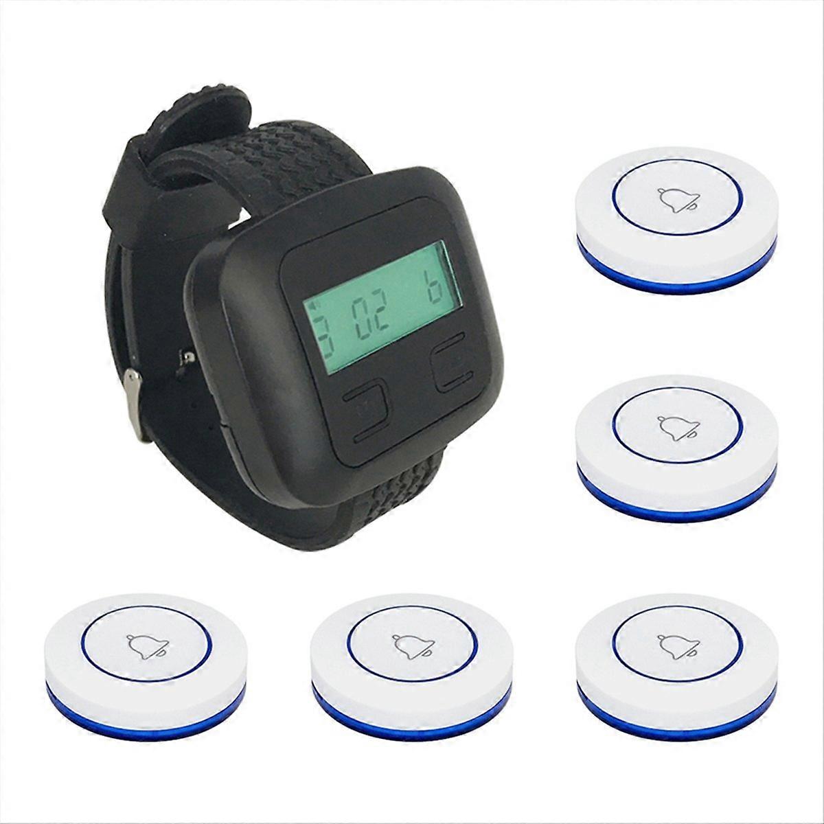 Wireless Restaurant Calling System 5Table Call Button Transmitters 1Watch Pager, Restaurant Waiter Service Bell Buzzer B