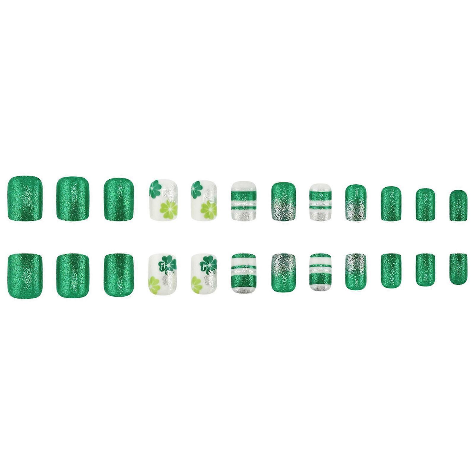 Patrick's Day False Nail Green Shamrock Patterned Glittering Press on Nail for Adding Festival Charm to Any Outfit Multicolor