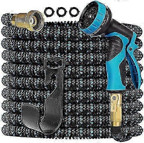 100FT Expandable Garden Hose with 10-Function Spray Nozzle, 3-Layer Leakproof Latex & Solid Fittings (Blue)