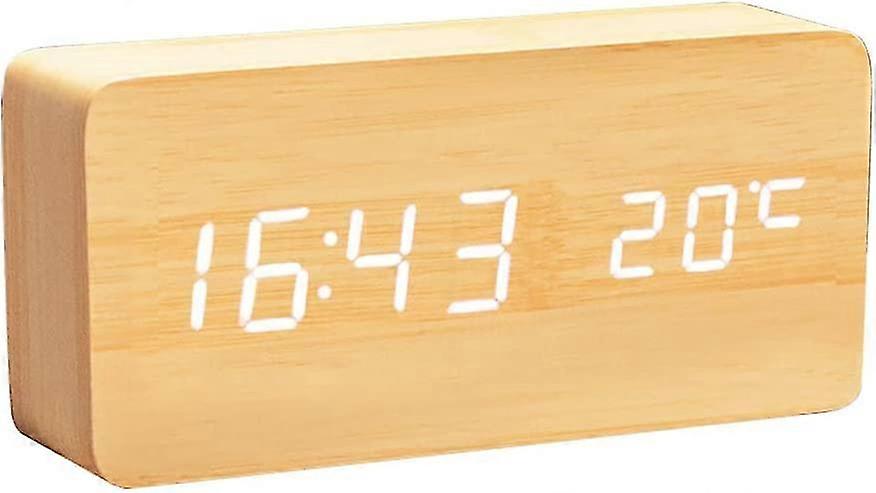 Wooden LED clock with multifunction display and voice feature