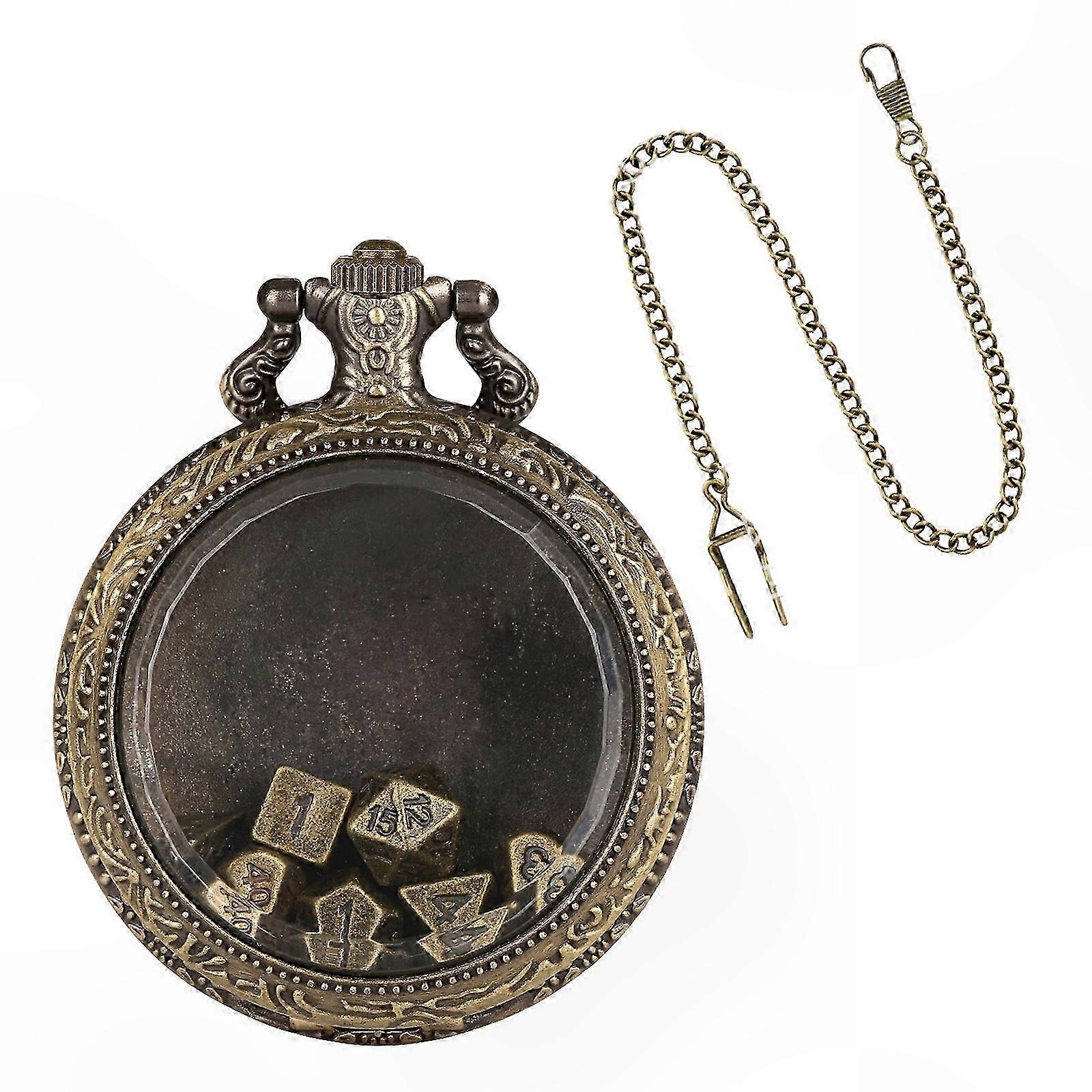 Vintage Round Pocket Watch Set with Dice and Chain for Fashion Enthusiasts and Gamers