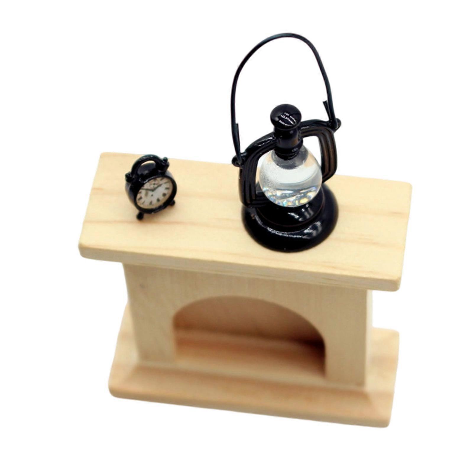 Classical Miniature Fireplaces Model Figure 1/12 Wooden Hearth with Kerosene Lamp and Clock Figurine for Scene Display Multicolor