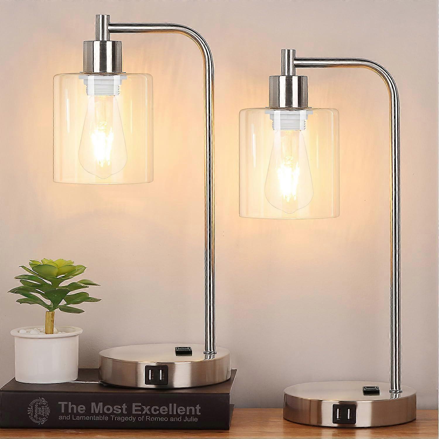 Industrial Touch Control Table Lamps Set of 2 with USB and AC Outlet, 3Way Dimmable Glass Shade
