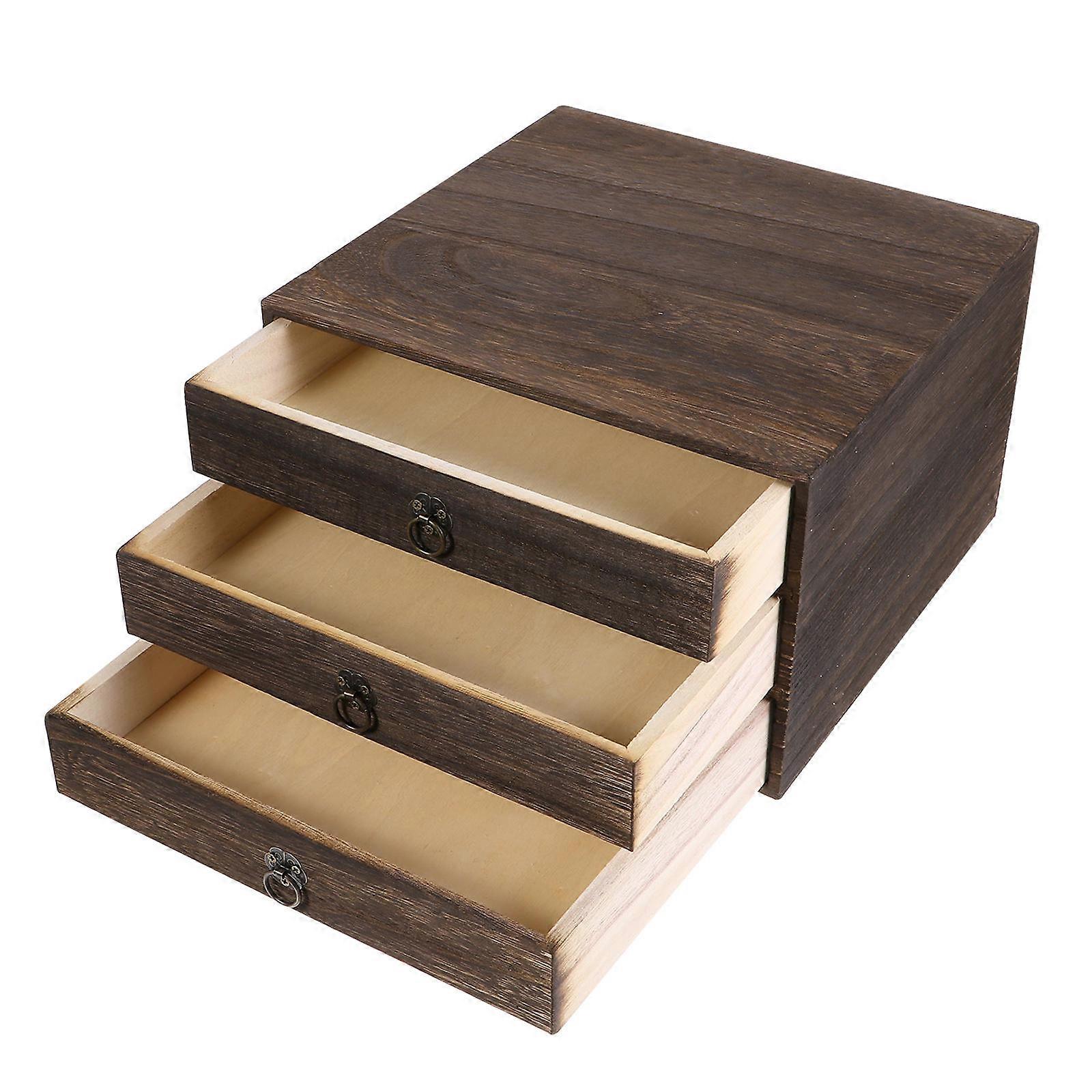 1Pc Solid Wood Storage Desk Box Retro Drawer Type Desktop Organizer (3 Layer)
