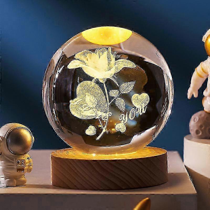 Ahşap Tabanlı 3d Gezegen Kristal Top, 3d Kristal Led Gece Işığı, uzay Galaxy Kristal Top Ev İçin Süs