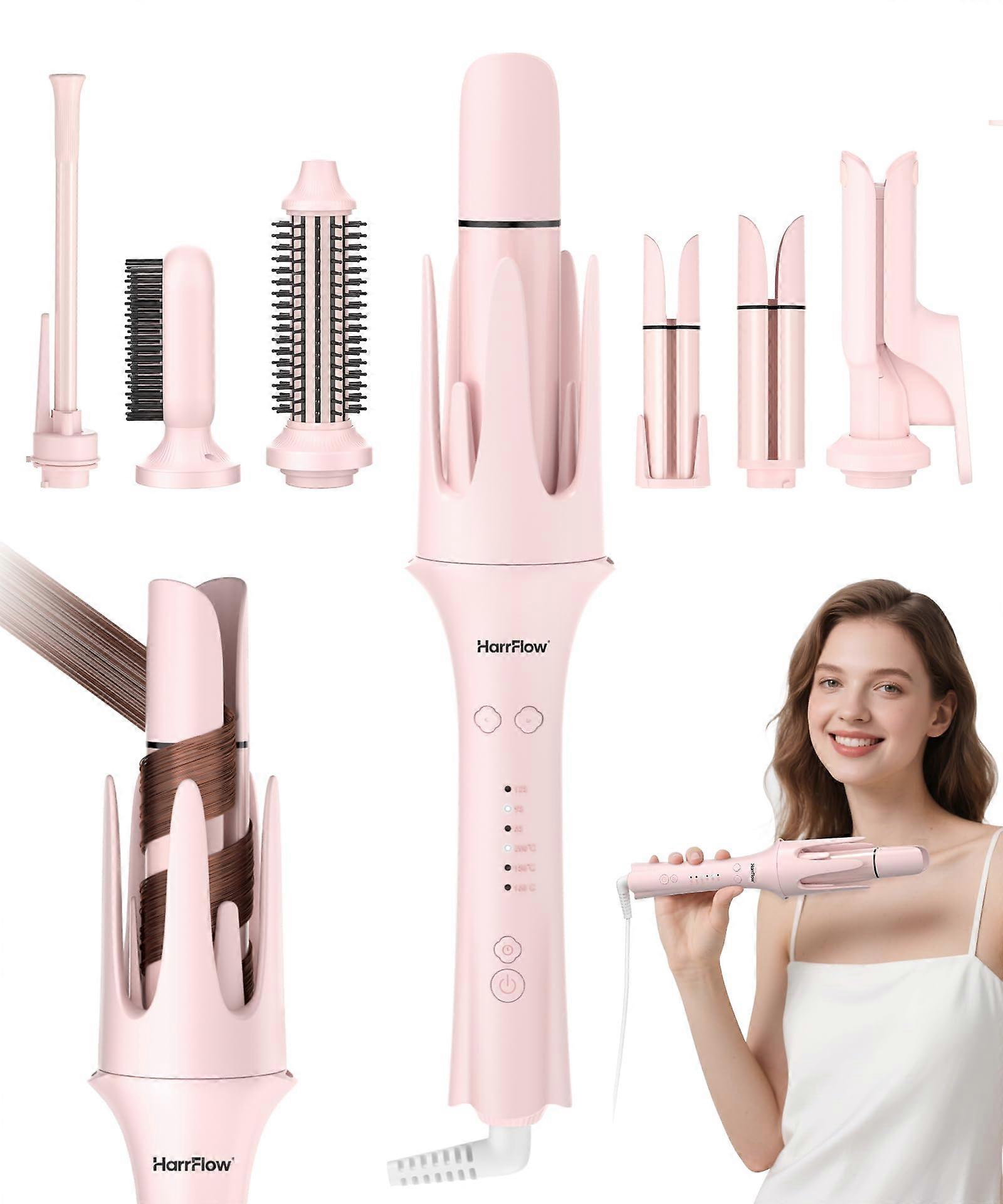 Automatic Hair Curler 7in1 Curling Iron and Straightener with Multiple Barrels, Dual Voltage, Frizz Negative Ions, Pink