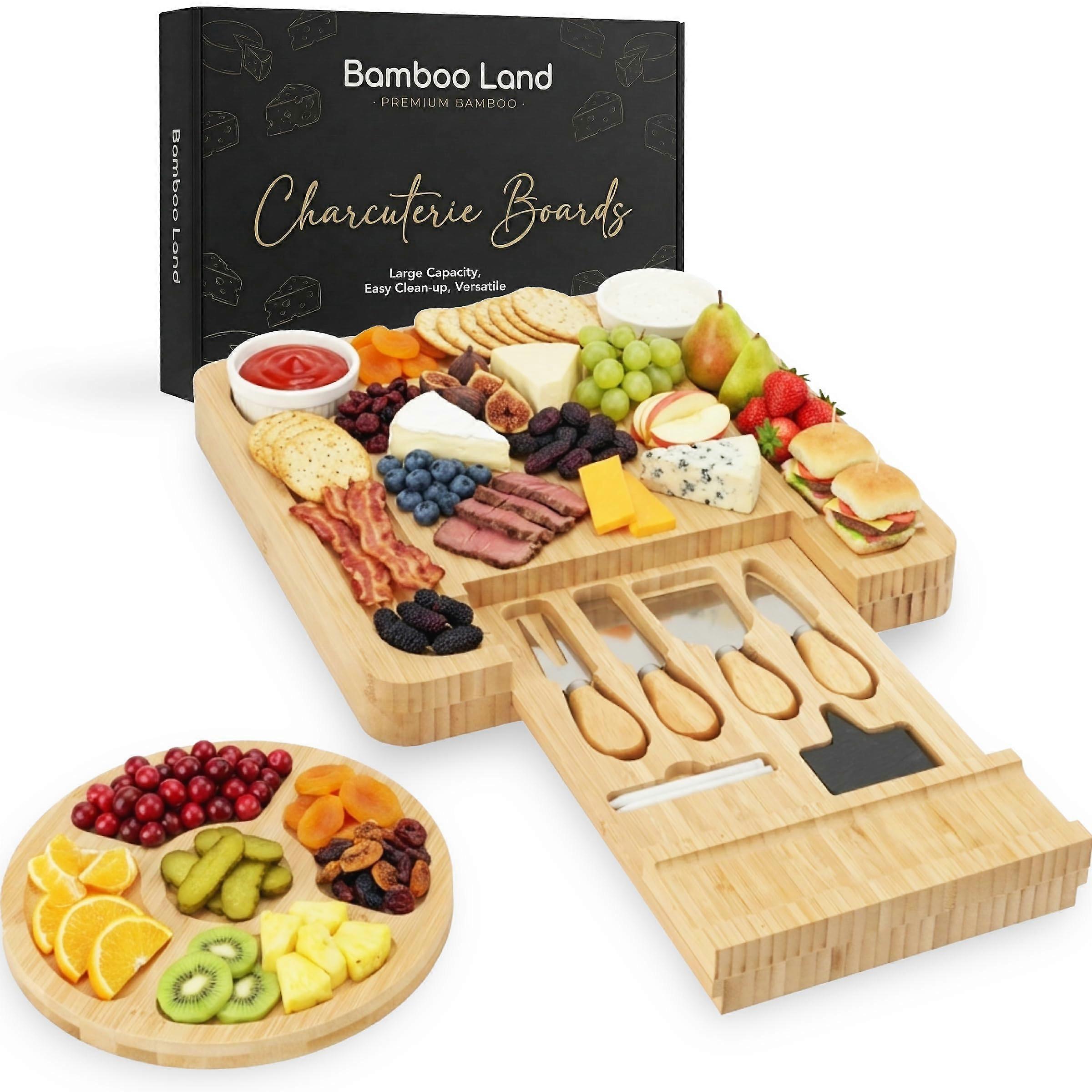 Large Bamboo Charcuterie Board Set with Knives and Bowls for Entertaining and Serving