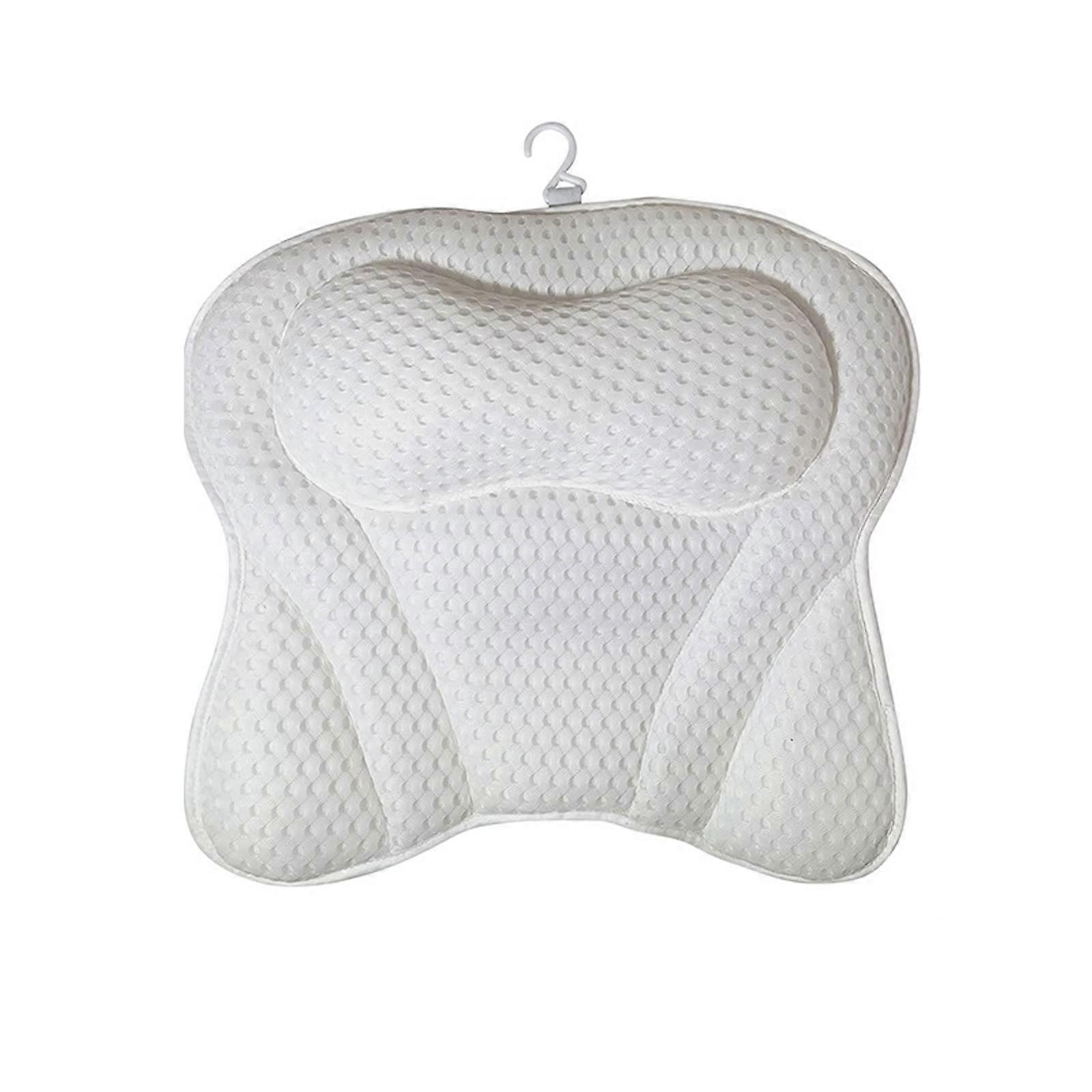 White Bath Pillow with Suction Cups, Breathable Mesh, QuickDry Spa Bathtub Headrest