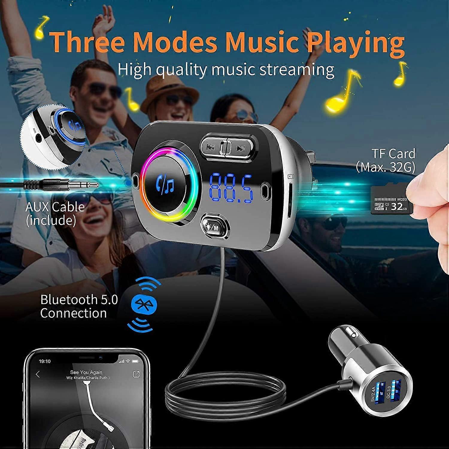 Bluetooth FM Transmitter for Car with Bluetooth 5.0, Dual USB Fast Charging, LED Ambient Light