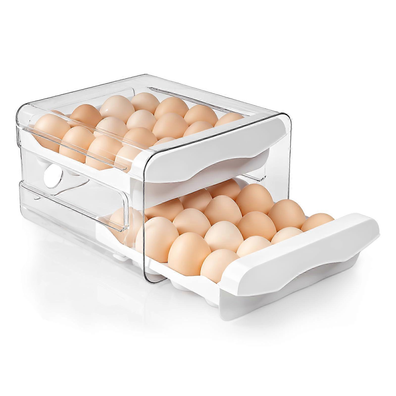 Egg Holder for Refrigerator, 32 Grid Double Layer Stackable Egg Organizer with Drawer, Clear Plastic Storage
