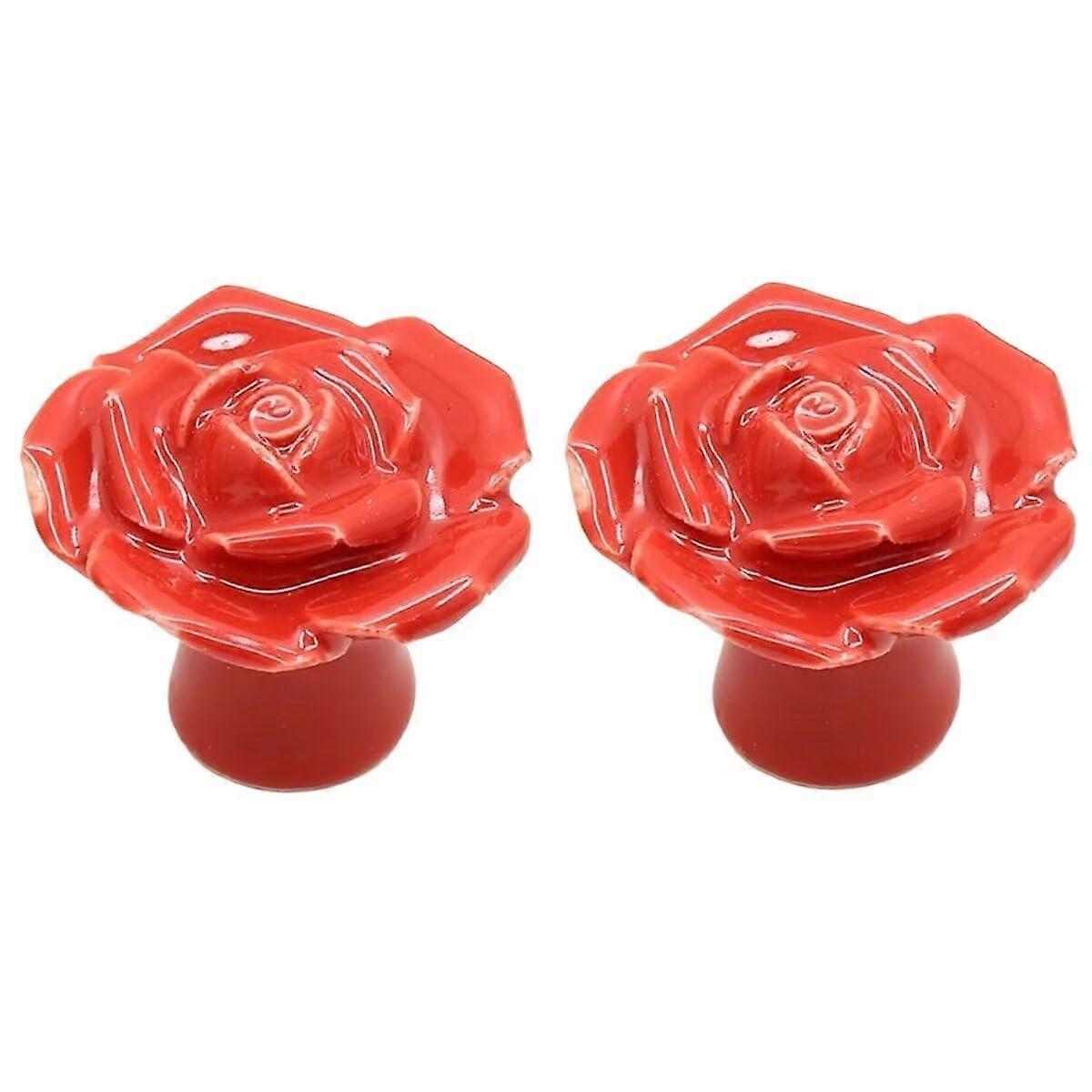 2Pcs Red Ceramic Rose Cabinet Knobs Vintage Drawer Pulls Decorative Cupboard Handles with Screws