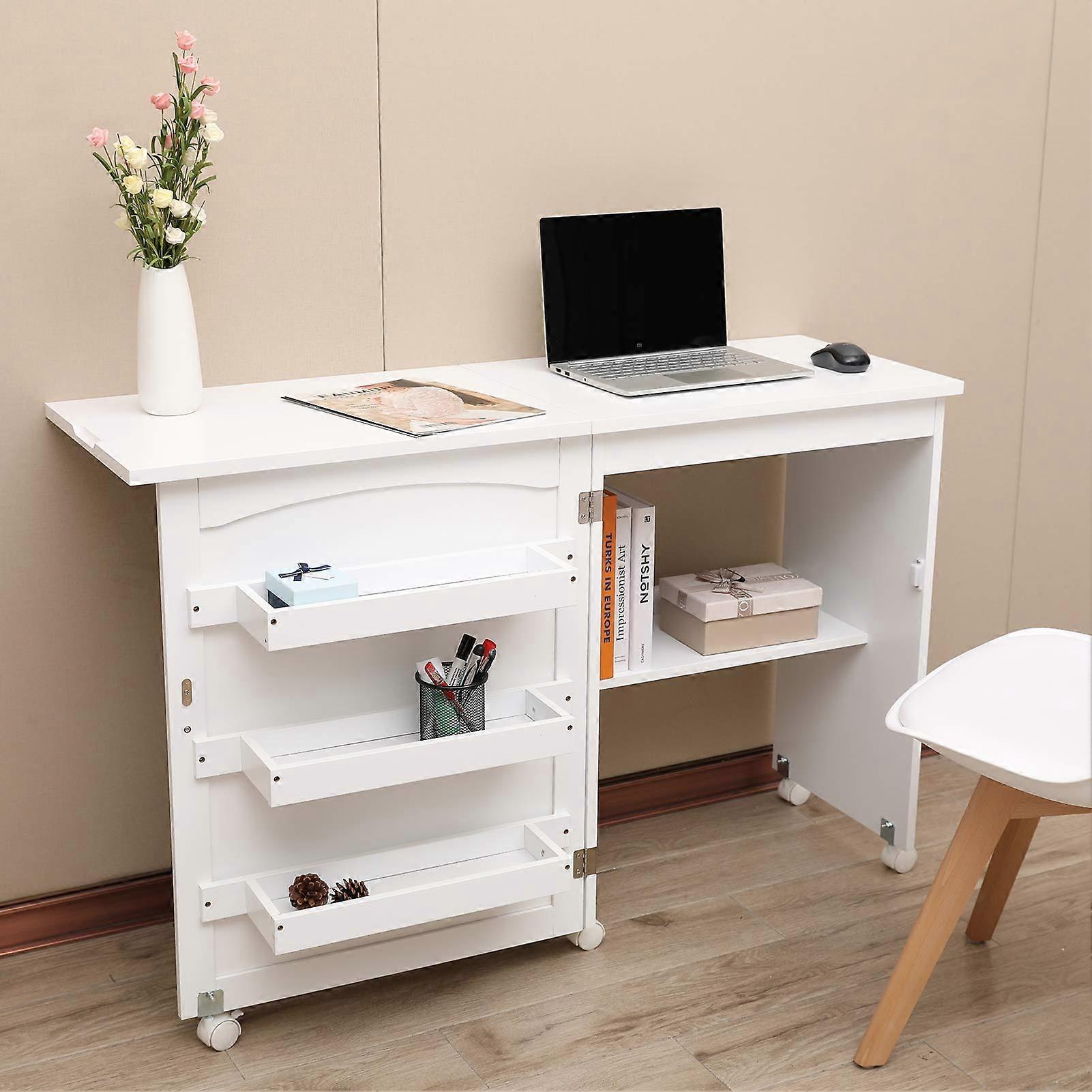 Folding Sewing Table with Storage Shelves, Lockable Casters, SpaceSaving Cabinet for Home Office, White