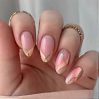feeling Almond Stiletto Press On Nails French Tip Colorful Gold Stripe Medium Length Acrylic Fake Nails 24Pcs