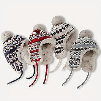 Boho Jacquard Paksu Pipo Tupsulla, Korvaläpällä Talvi Lämmin Kallohattu, Joustava Vintage Pipo Naisille