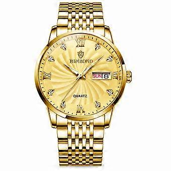 Men's Quartz Watch All Gold Gold Dial Steel Strap Dual Calendar Waterproof Luminous JY