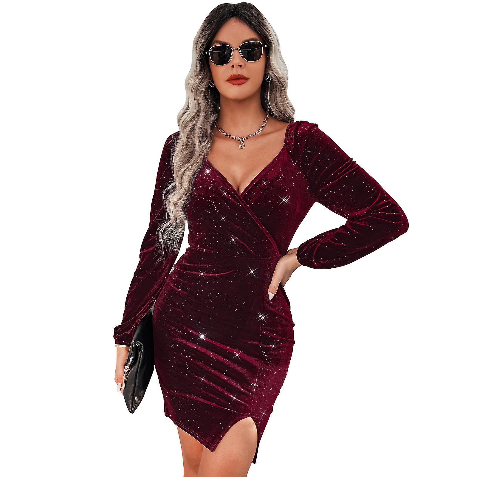 Woman V-neck Velvet Dress 4 Size Choose S/m/l/xl