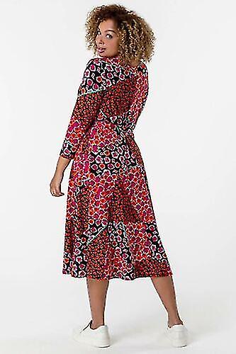 Evans Red Pink Patchwork Dress V Neck Wrap Front 3/4 Sleeve