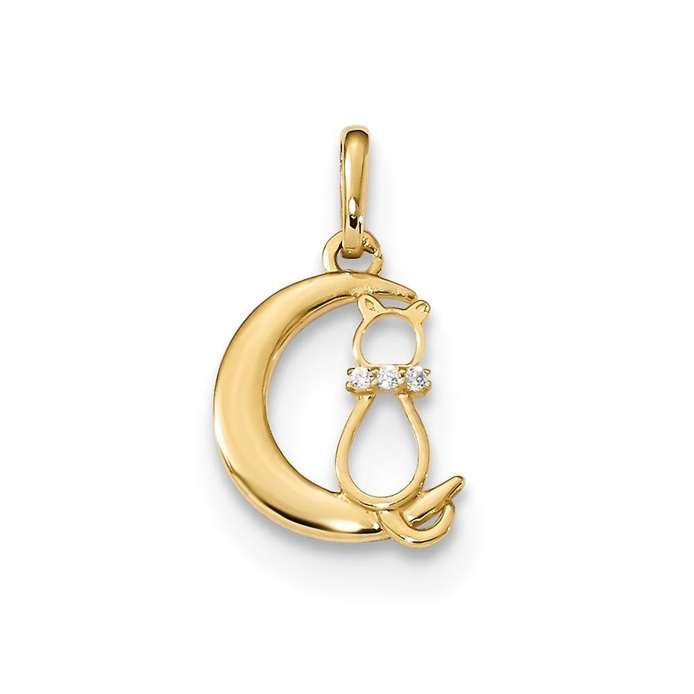 Or jaune massif 14 carats zircone cubique chat et lune céleste pendentif collier 18 mm de long 1,25 mm d’épaisseur pendentif