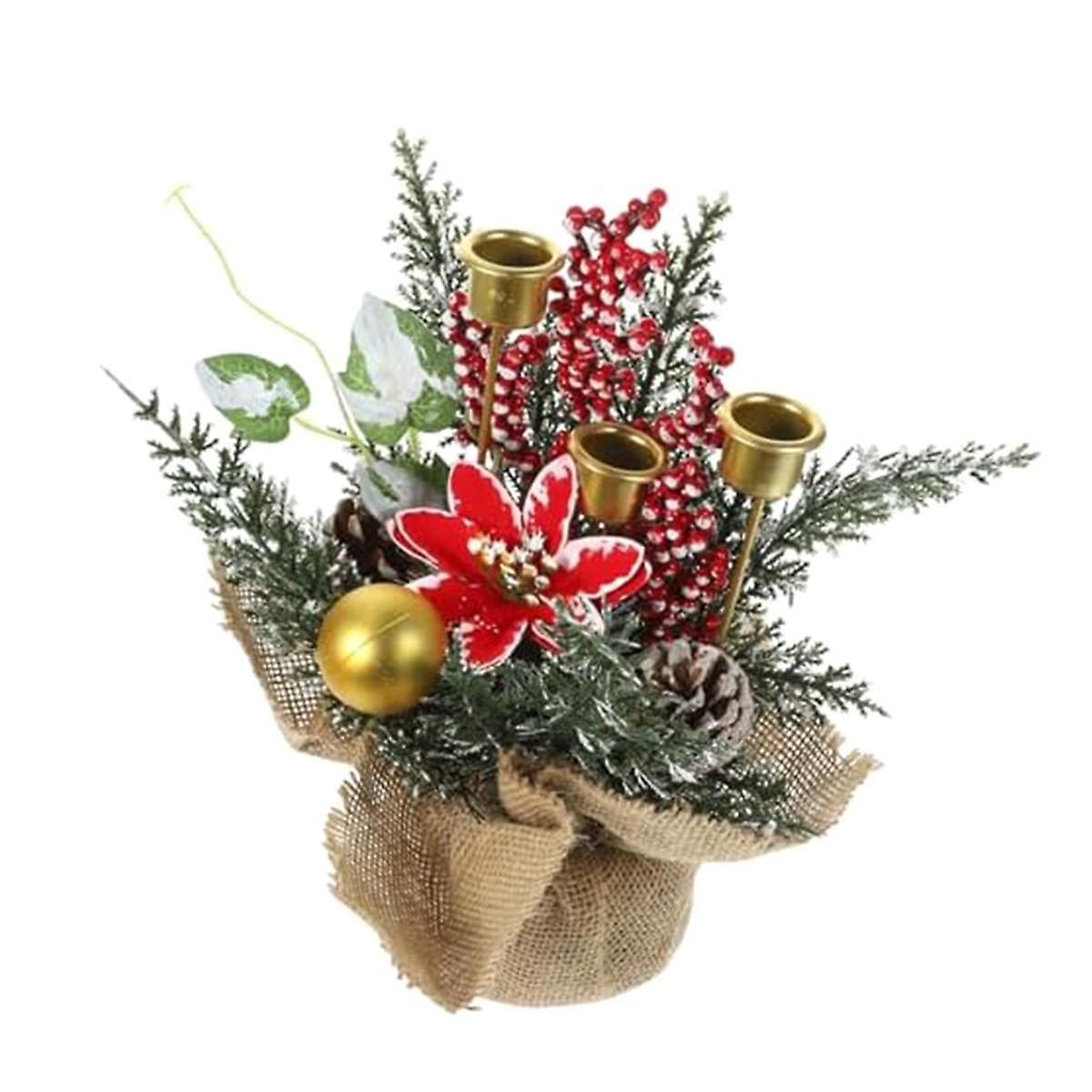 Christmas Candle Holder Centerpiece, Pine Cones and Red Berry Table Centerpiece with 2 Candle Holde