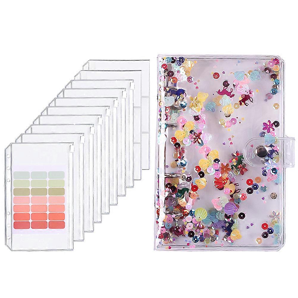 A6 Budget Binder Budget Planner with Clear Sequin Cover 8 Zipper Pockets Card Pouch Double Pocket Labels Colorful Shell