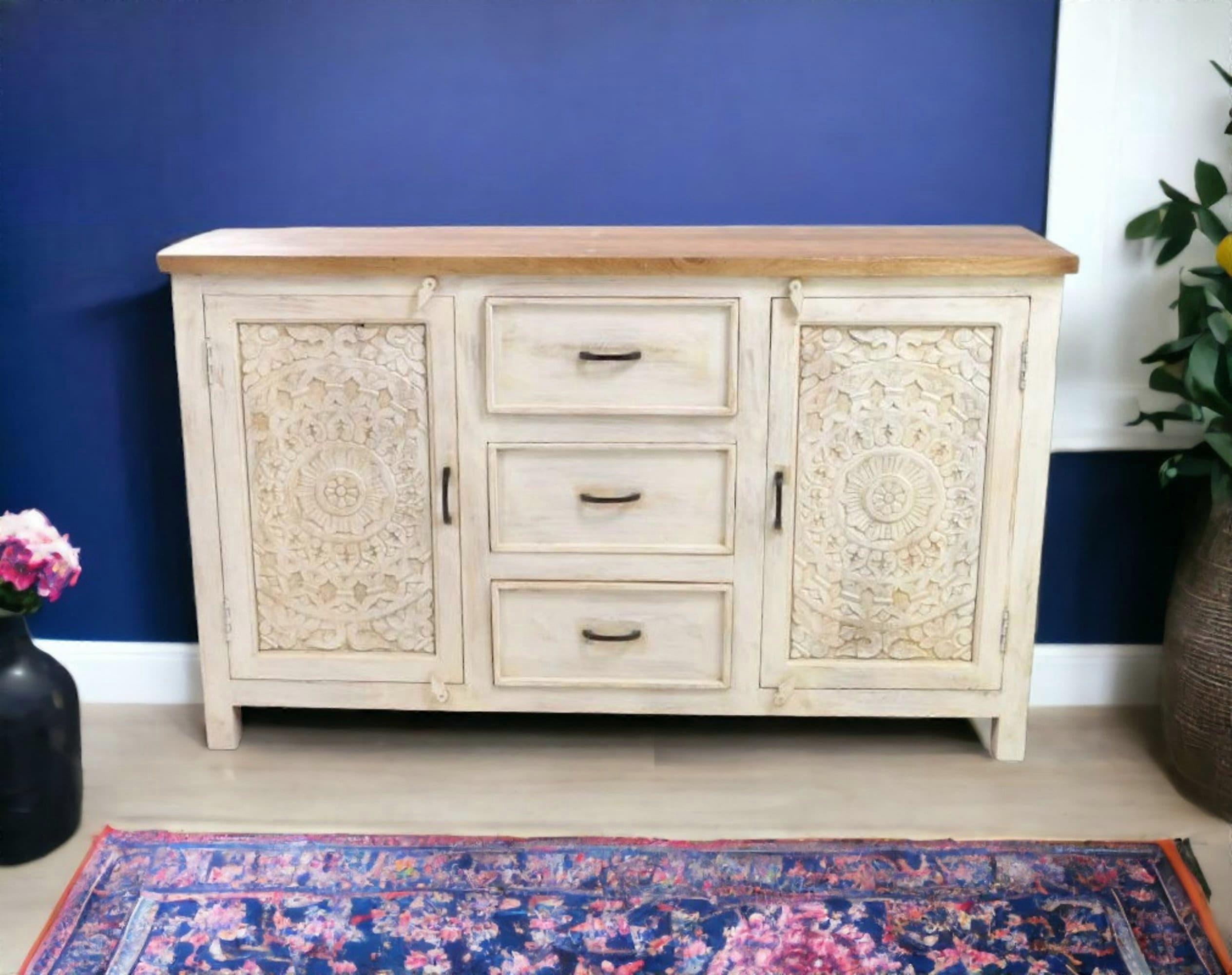 White Sideboard With Ornate Carvings