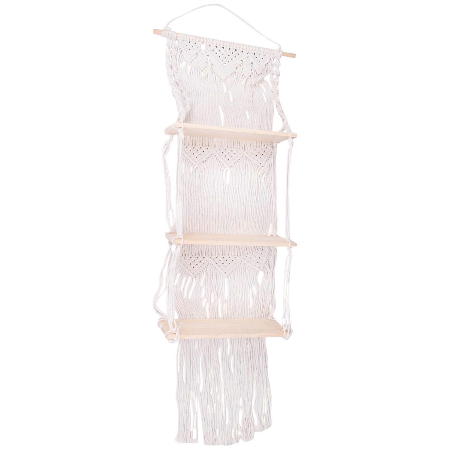 Boho Makramee Wand Hängendes Regal 3 Tier Handgefertigte gewebte Quaste Holz Organizer Regale Wand schwimmend H