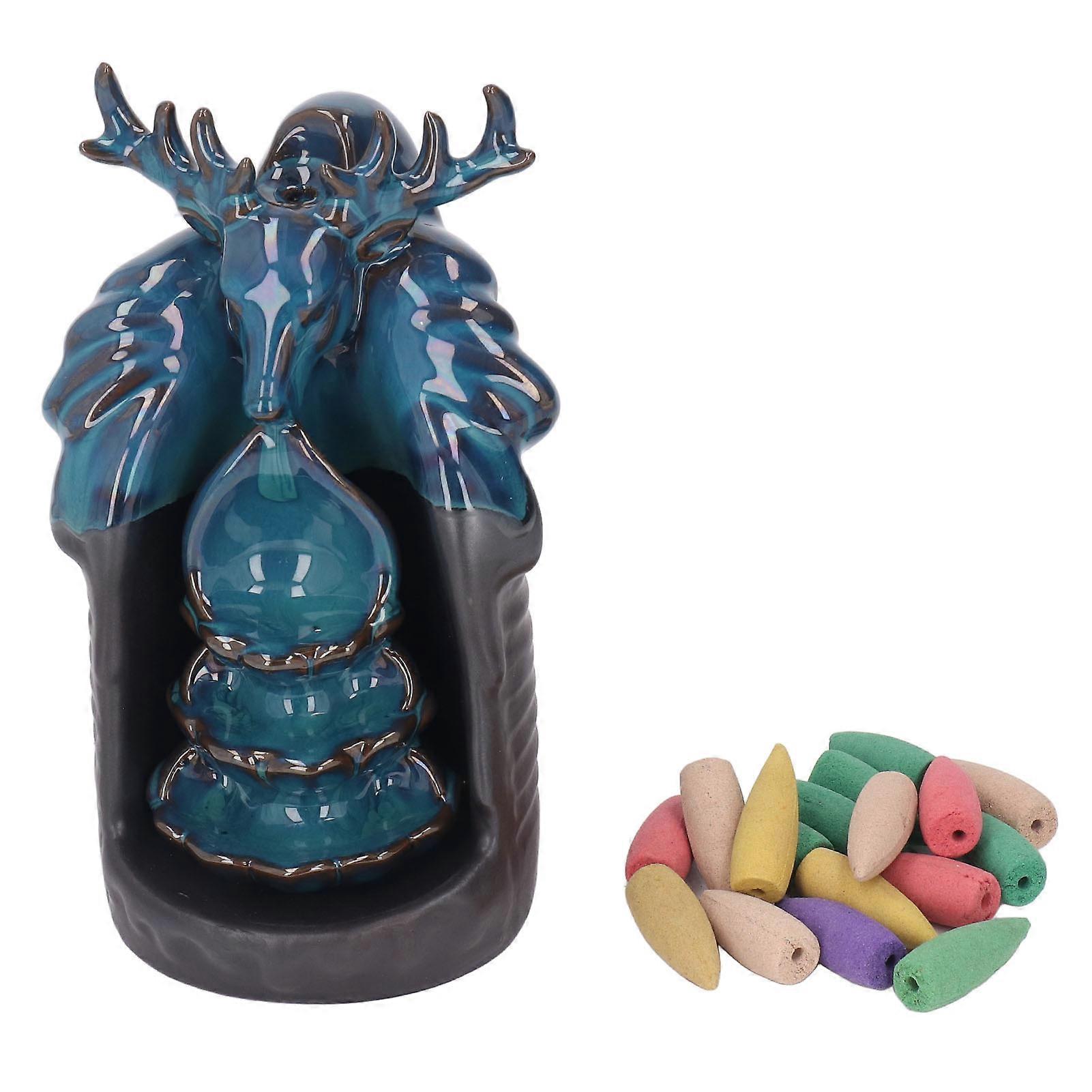 Backflow Incense Burner Blue Deer Head Stress Relief Durable Ceramic Waterfall Incense Burner for Home Office Meditation