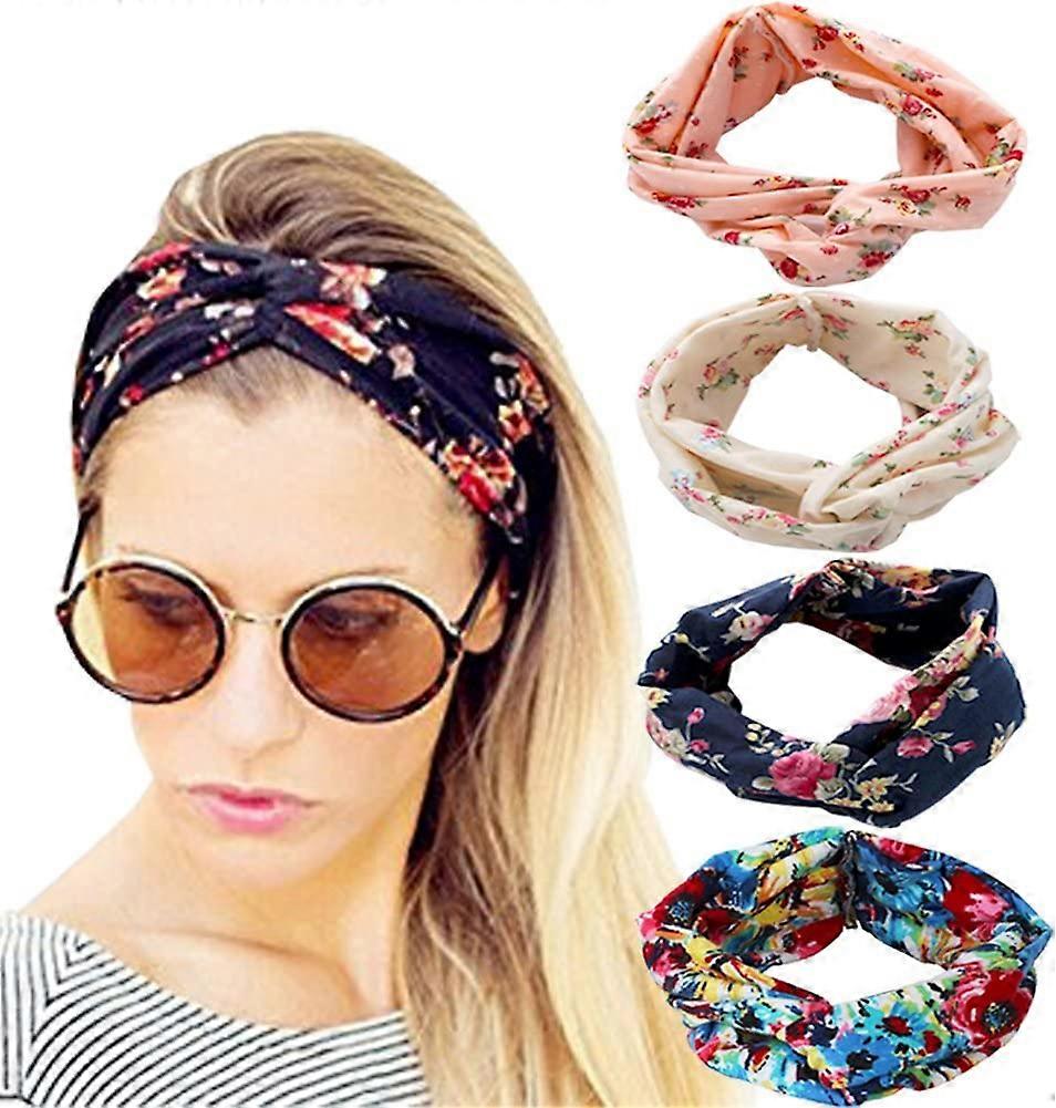 ZK- Piece Headband Women's Boho Headband Vintage Floral Print Headband Cross Knot Elastic Headband Accessory, One Size, Pink White Navy Blue