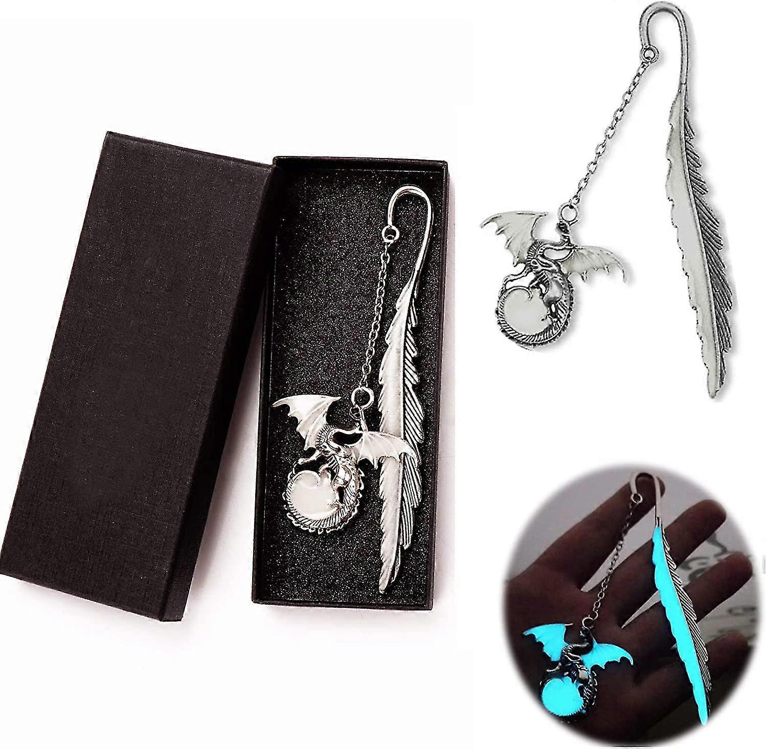 Vintage Metal Bookmark With Vintage Feather And Glow In The Dark - (antique Silver Dragon)