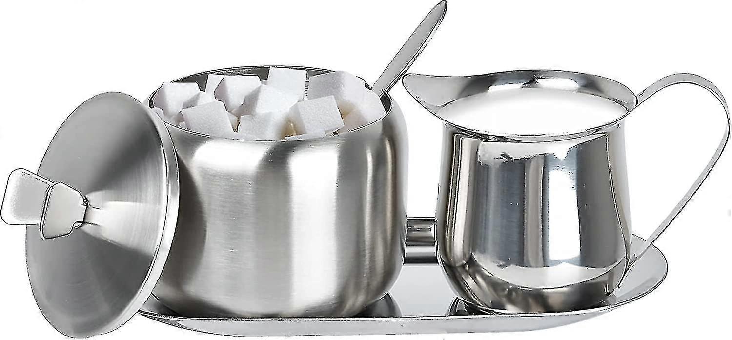 Sugar And Creamer Set, Coffee Serving Set, Stainless Steel Latte Milk Cup Cream Jug And Sugar Bowl With Lid And Spoon Tray Server For Coffee Tea Peppe
