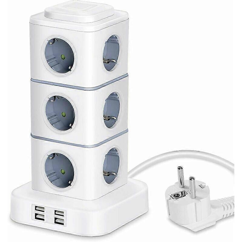 Power Strip Tower, 12 Electrical Power Strip Sockets (2500W / 10A) with 4 USB Ports, Multi Electrical Sockets, Vertical Power Strip Surge Protector fo