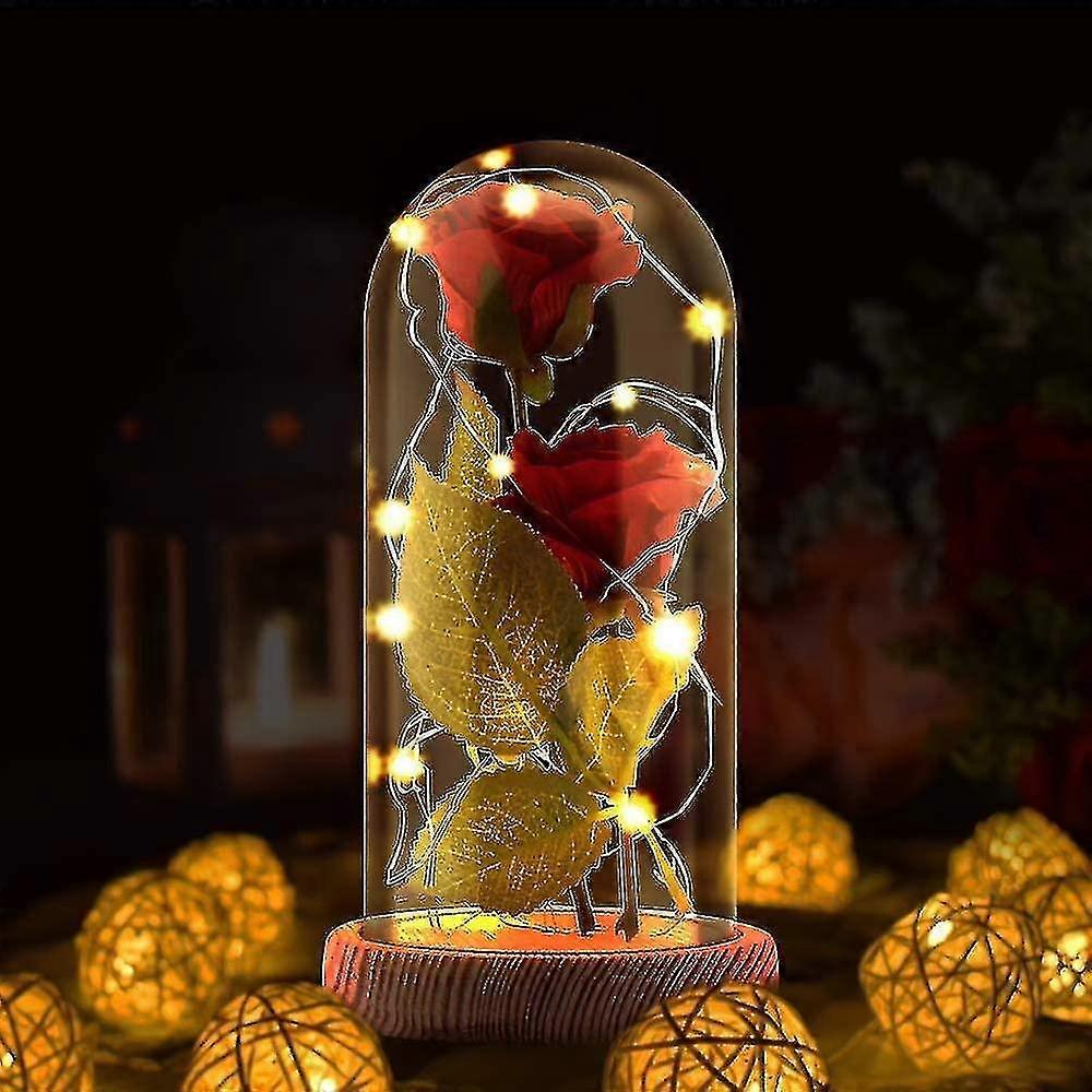 Rosa eterna sotto cloche, fiori di rosa artificiale, rosa di seta rossa e luce led