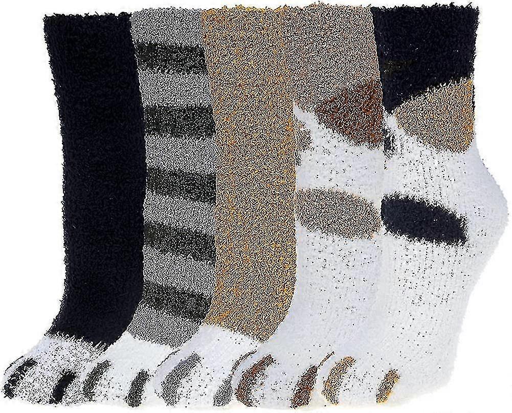 Women Fluffy Socks Soft Slipper Socks Winter Cosy Thermal Ladies Socks Of Cat Paws Cute Animal Floor Socks 5 Pairs