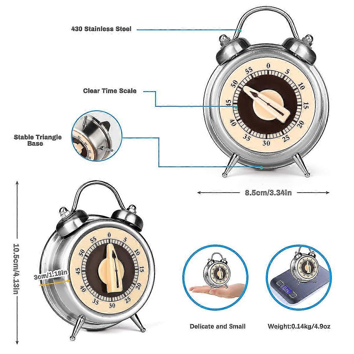 Kitchen Timer No Battery Mechanical Timer 60-minute Visual Analog Timer Clock Design Stainless Steel Countdown Timer(1PCS)silvery