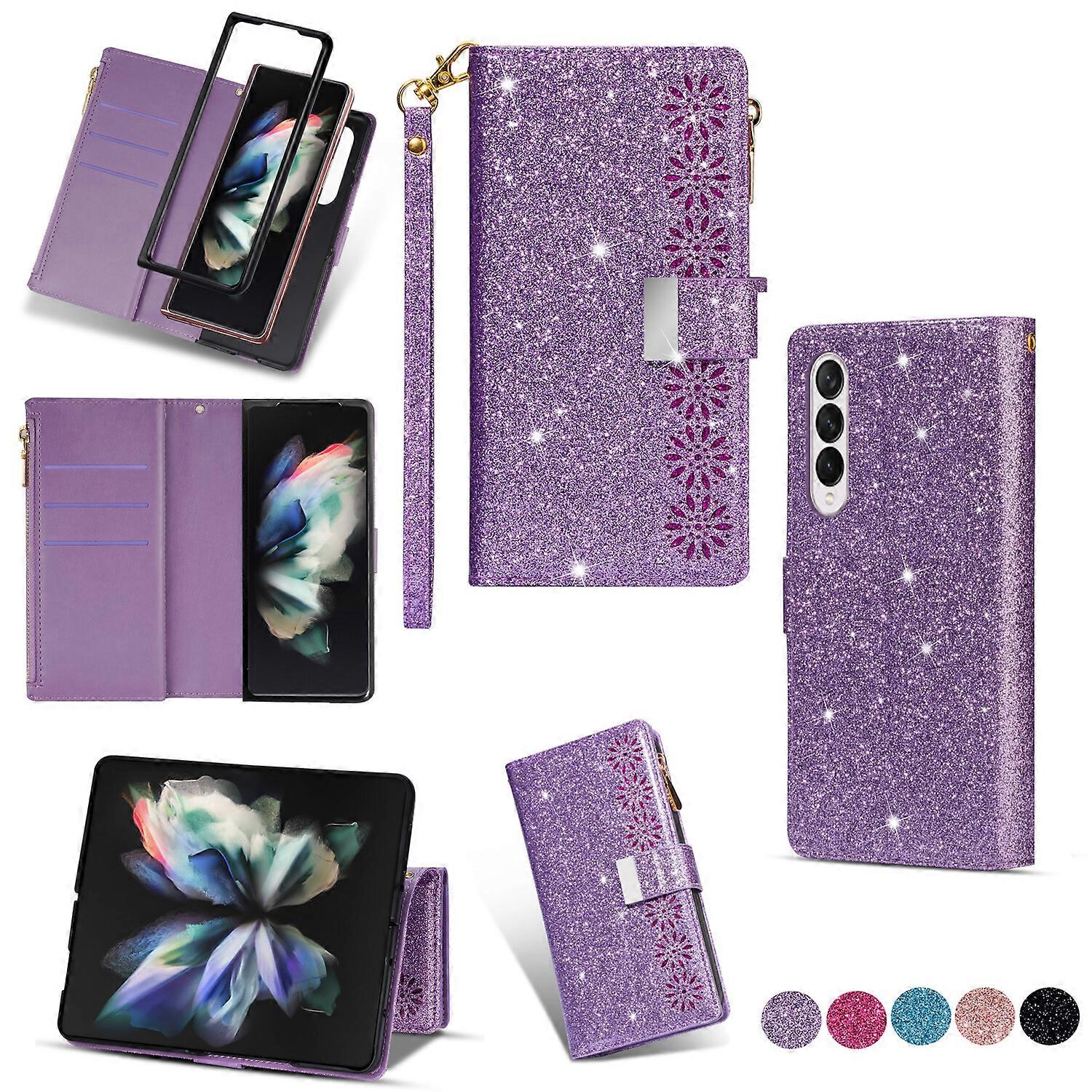 Compatible with Samsung Galaxy Z Fold4 Bling Wallet Case Glitter Leather Magnetic Stand with Card Slots Zipper Pocket Cover