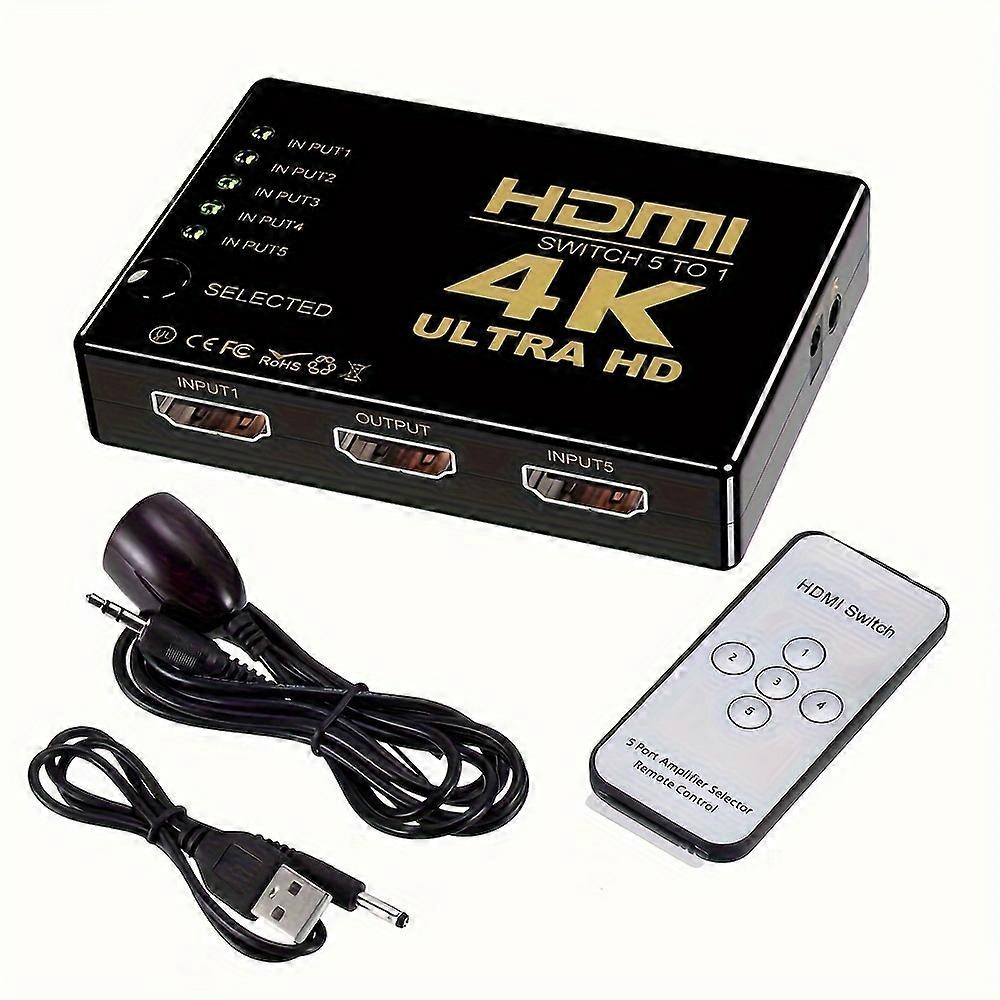 4K HDMI Splitter Cable - 5 Inputs, 1 Output - Video Switcher Adapter for Xbox, PS4, DVD, HDTV, PC - Supports 1080P and Ultra HD 4K Resolution