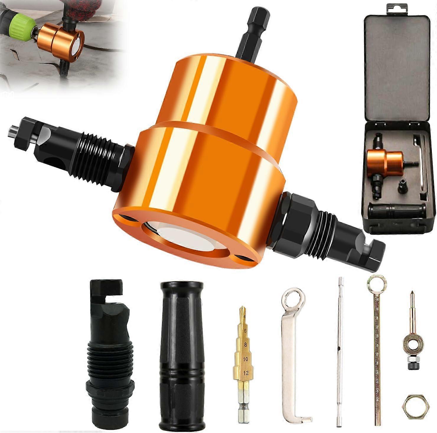 Sheet Metal Nibbler Set,Double Head Electric Drill Plate Cutter,360 Degree Adjustable Metal Tools,for Most Metals and Complex Profiles