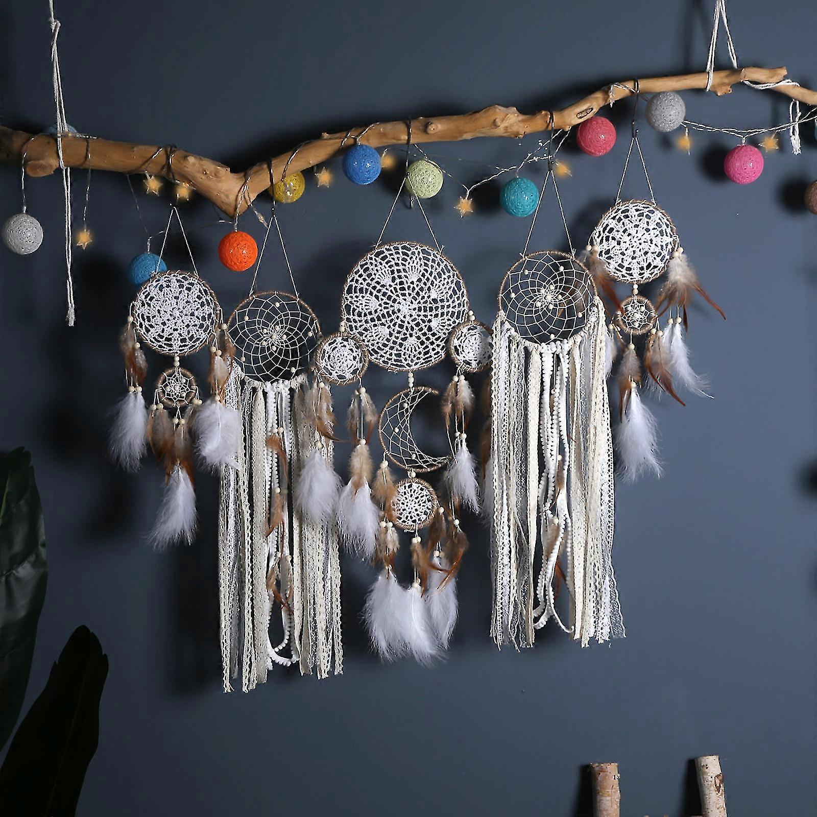 Dreamcatcher Moon And Stars Hanging Over The Bed, 5pc Set Dreamcatcher Feather Home Wall Decoration