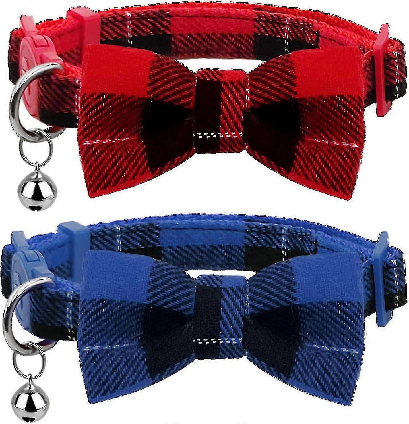2 Pack Plaid Pattern Cat Collar Breakaway With Bell And Removable Bowtie Cat Collar Adjustable Cat And Kitten Collars