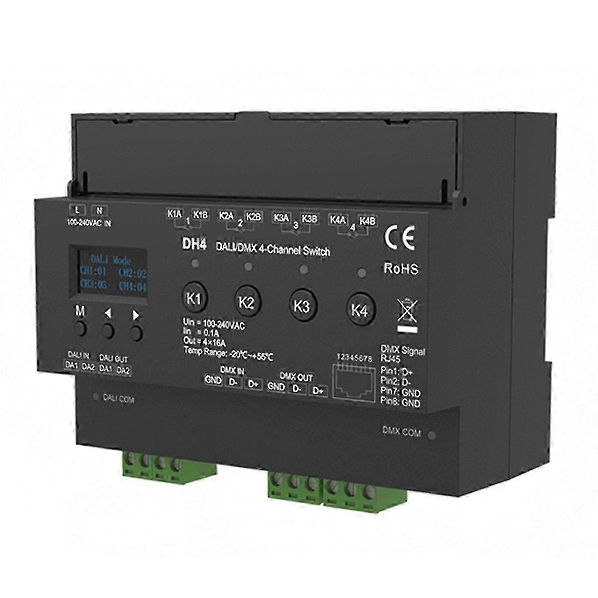 For 4-Channel Switch With OLED Display Screen Relay 4CH Dry Contact Output 4 Address -RDM Din Rail 100-240VAC